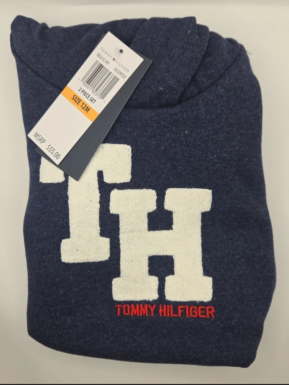 Tommy Hilfiger Boys Navy Hoodie with White 'TH' Logo and Red Branding
